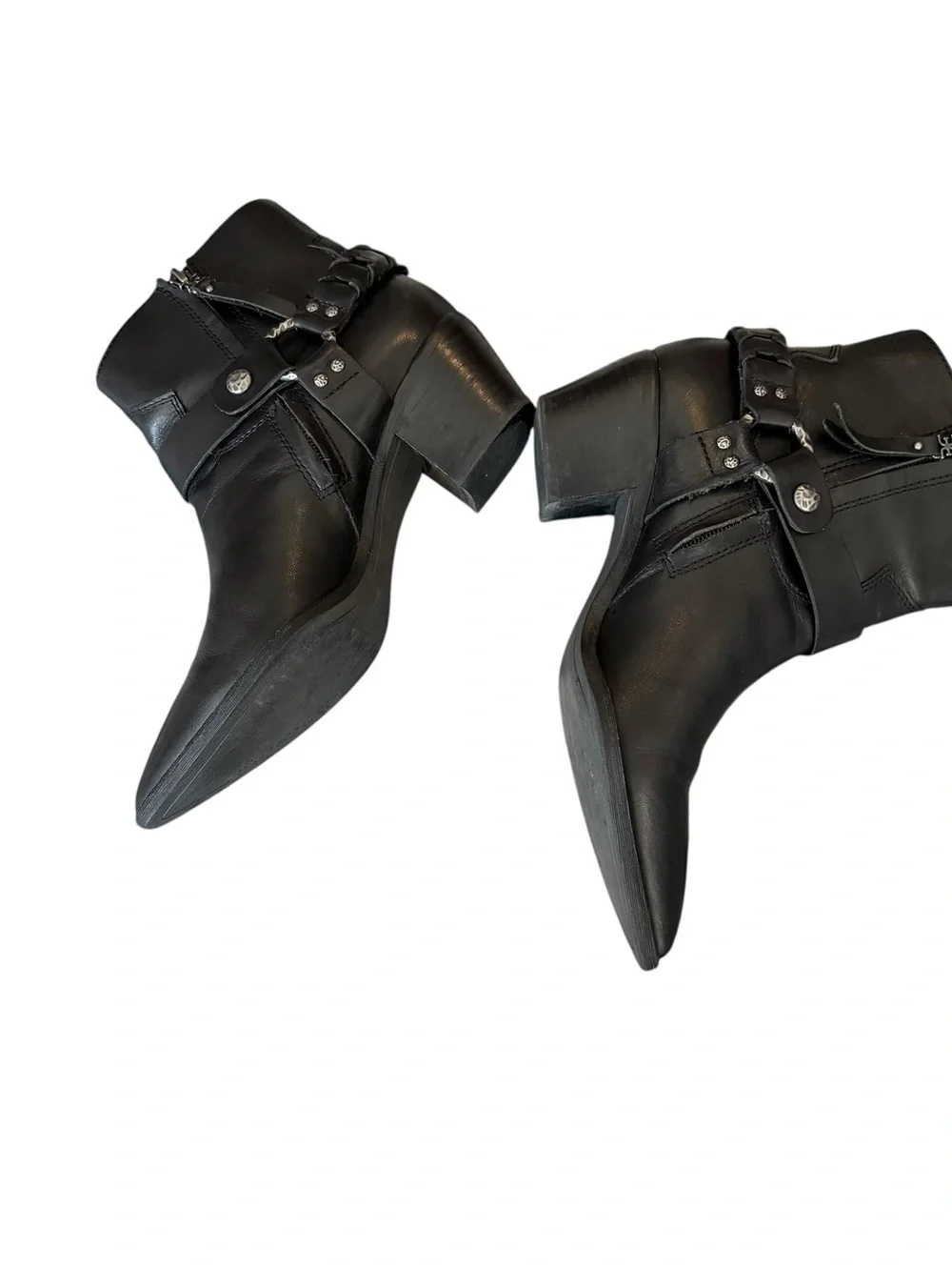 Sam Edelman Riker Vaquero Saddle Black Leather Pointed Toe Harness Ankle Boots